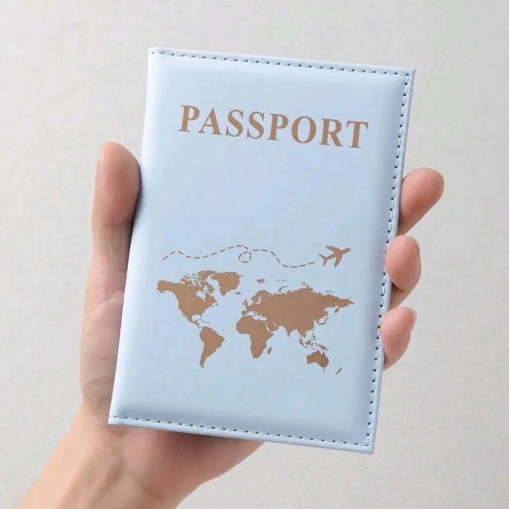 Light Blue Passport Holder Cover with Gold World Map
